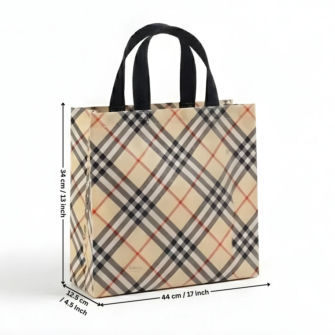 Premium Checkered Laminated Carry Bags | Beige & Tan Plaid 2 Design Design Option | 3 Size Options | Pack of 50 - Image 8