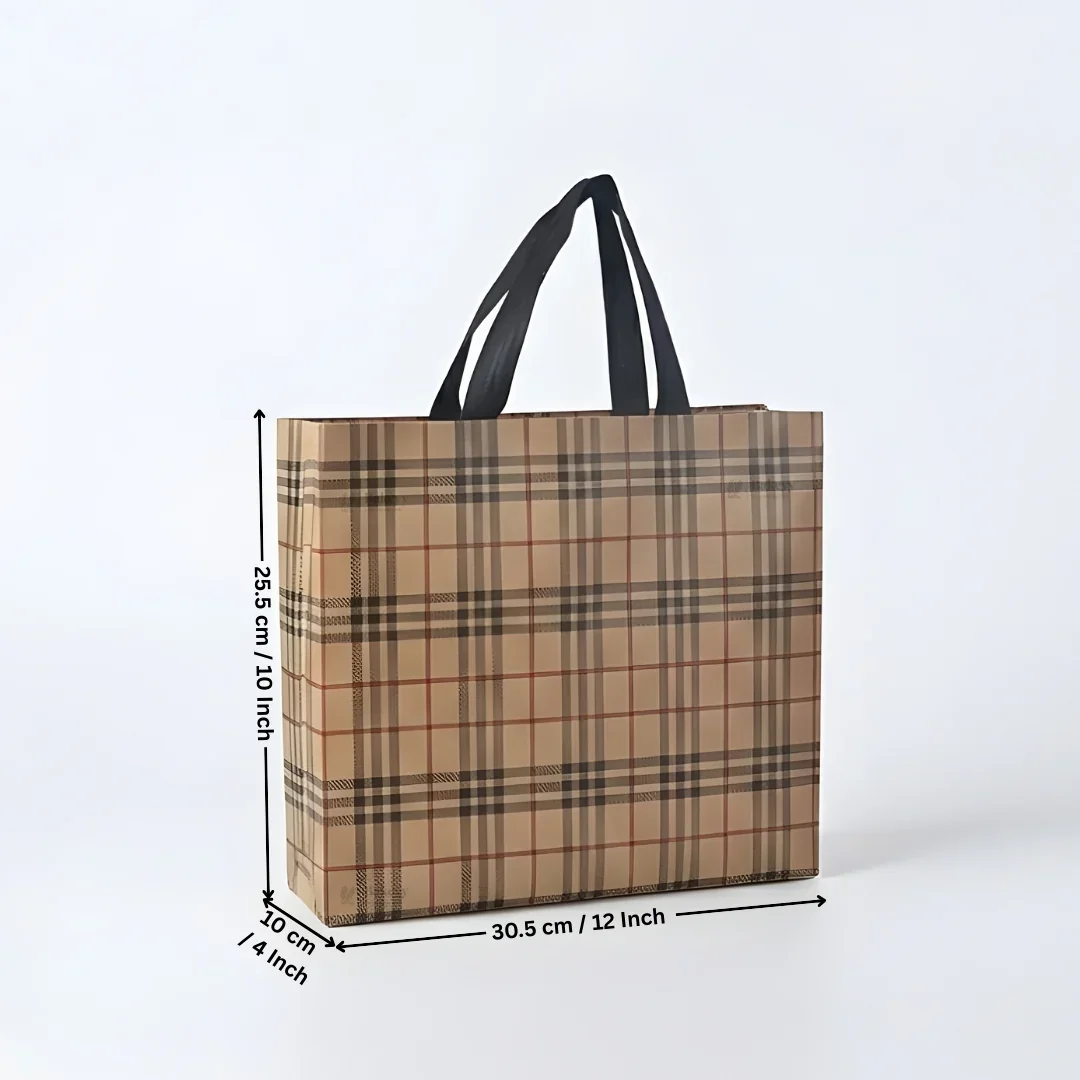 Premium Checkered Laminated Carry Bags | Beige & Tan Plaid 2 Design Design Option | 3 Size Options | Pack of 50 - Image 9