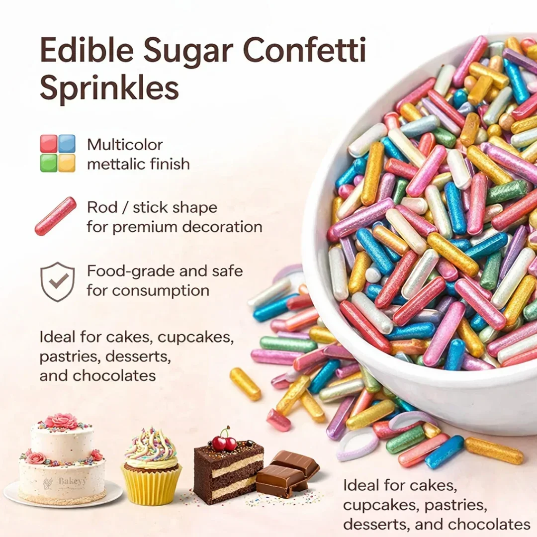 Rod Shape Sugar Confetti | Edible Cake & Dessert Decorations | Multiple Colors Available | Metallic Finish | 200 gm - Image 4