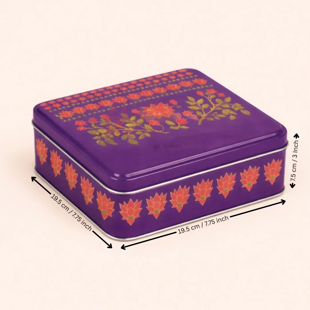 Premium Floral Printed Tin Box | Purple Floral Printed | Gift Box for Chocolates, Dry Fruits, Sweets| Pack Of 1 - Image 12