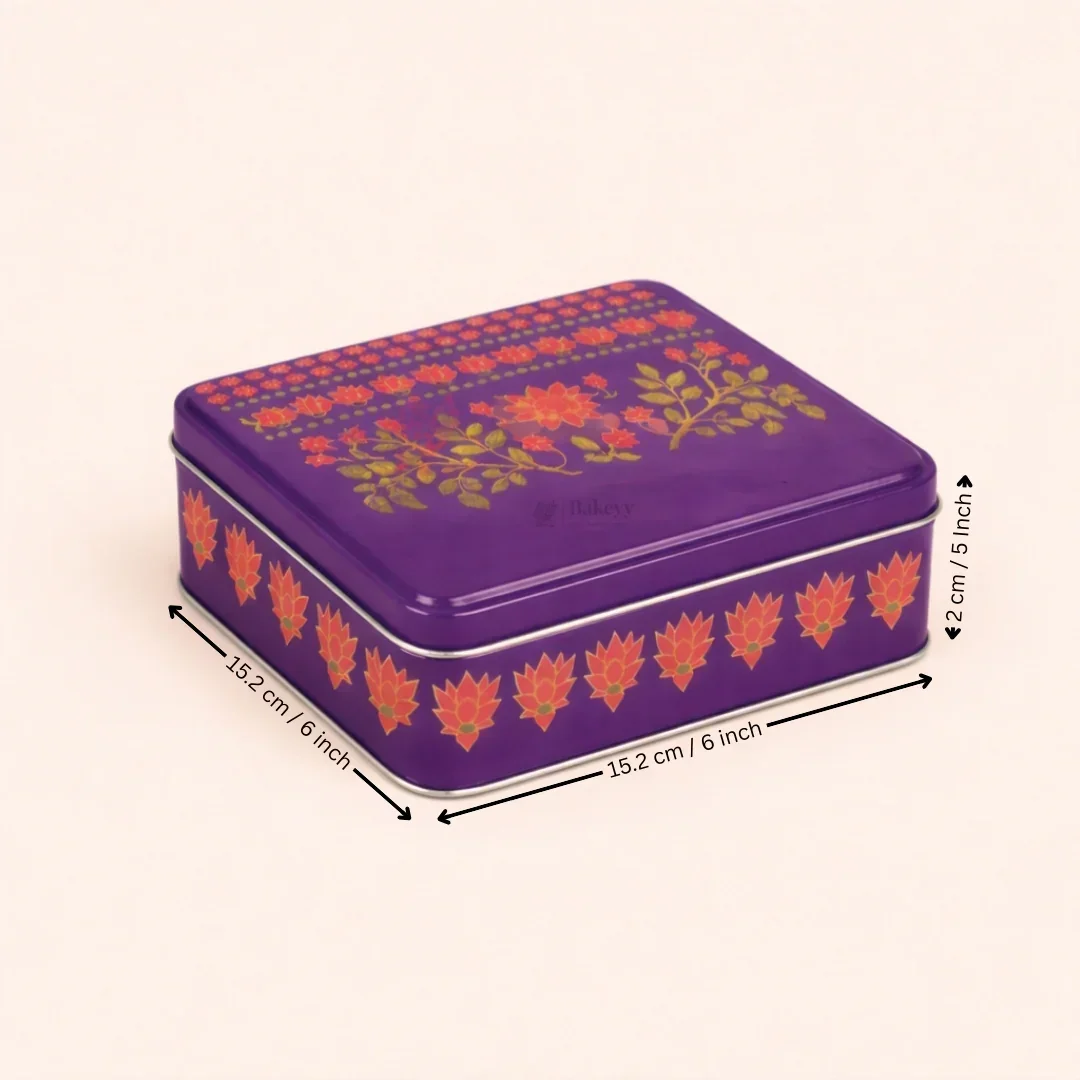 Premium Floral Printed Tin Box | Purple Floral Printed | Gift Box for Chocolates, Dry Fruits, Sweets| Pack Of 1 - Image 13