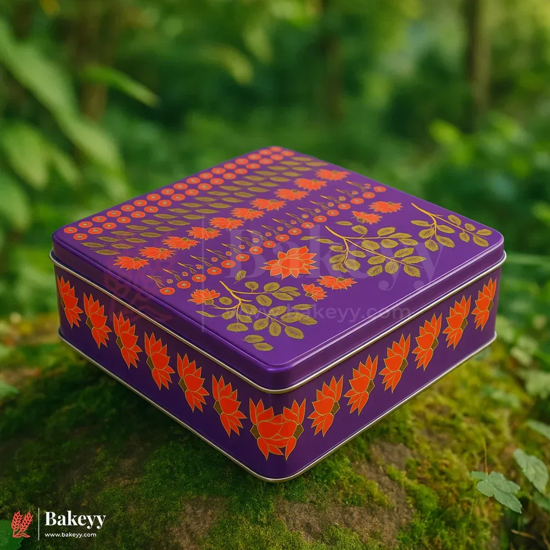 Premium Floral Printed Tin Box | Purple Floral Printed | Gift Box for Chocolates, Dry Fruits, Sweets| Pack Of 1 - Image 2