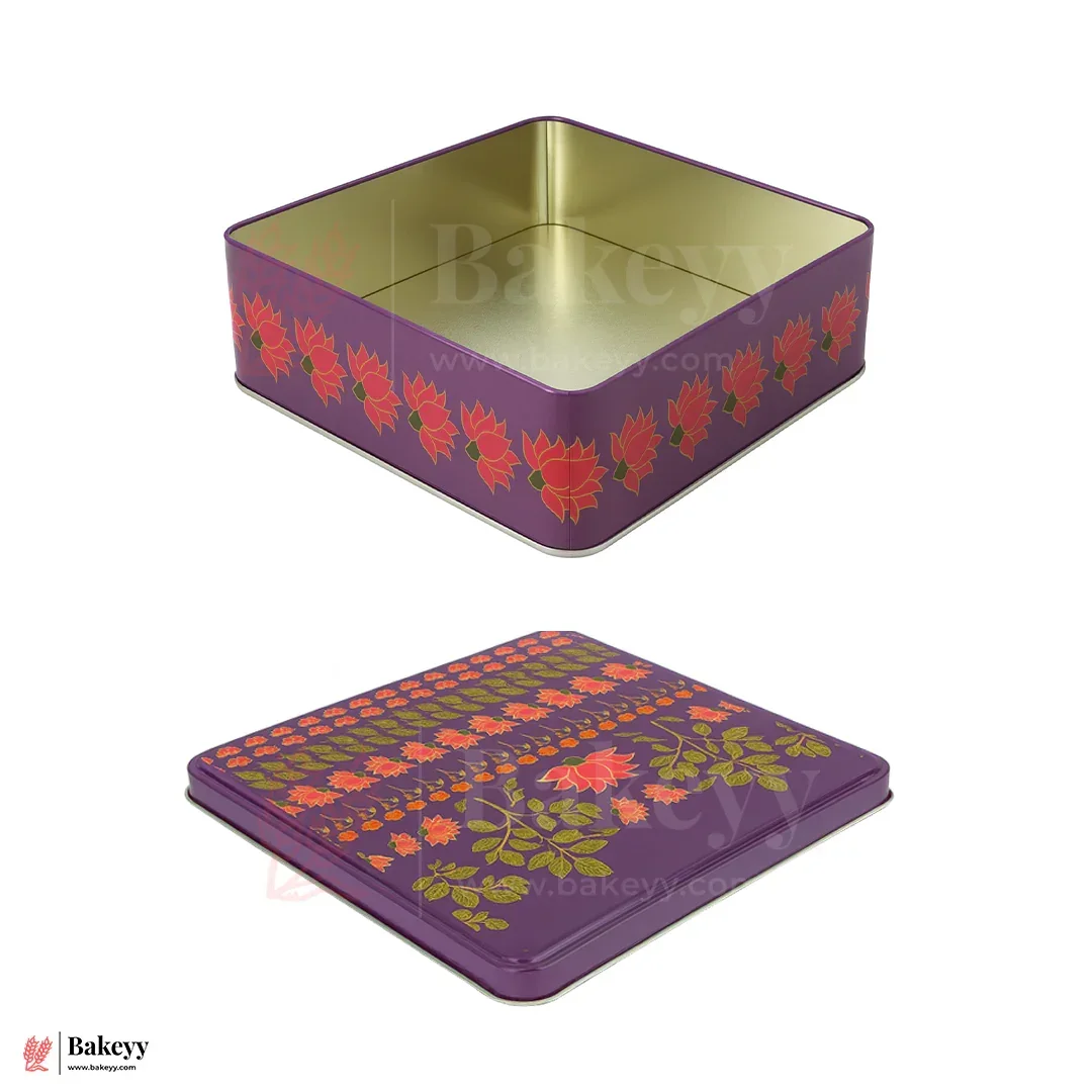 Premium Floral Printed Tin Box | Purple Floral Printed | Gift Box for Chocolates, Dry Fruits, Sweets| Pack Of 1 - Image 3
