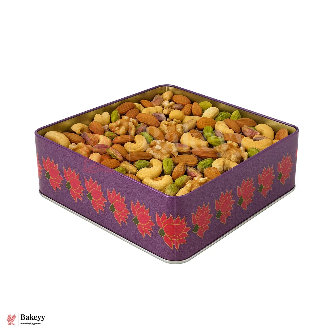 Premium Floral Printed Tin Box | Purple Floral Printed | Gift Box for Chocolates, Dry Fruits, Sweets| Pack Of 1 - Image 5
