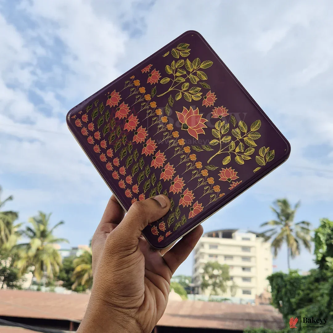Premium Floral Printed Tin Box | Purple Floral Printed | Gift Box for Chocolates, Dry Fruits, Sweets| Pack Of 1 - Image 6