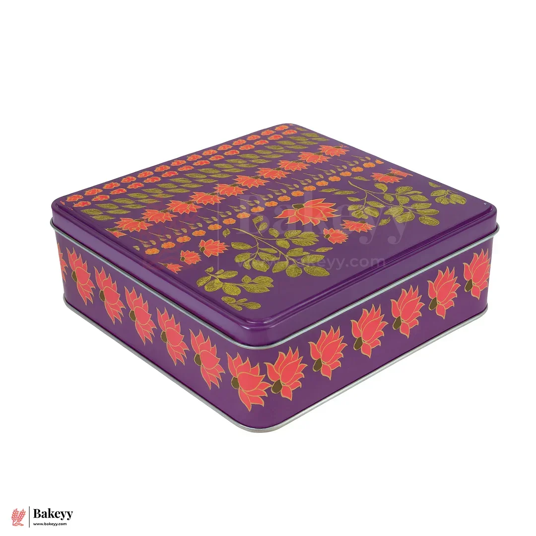 Premium Floral Printed Tin Box | Purple Floral Printed | Gift Box for Chocolates, Dry Fruits, Sweets| Pack Of 1 - Image 7