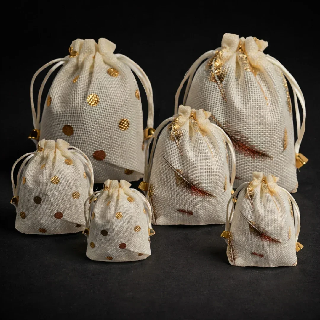 Premium Jute Potli Bags with Gold Print – Festive & Gifting Use | Eco-Friendly Gift Pouches | Pack of 10