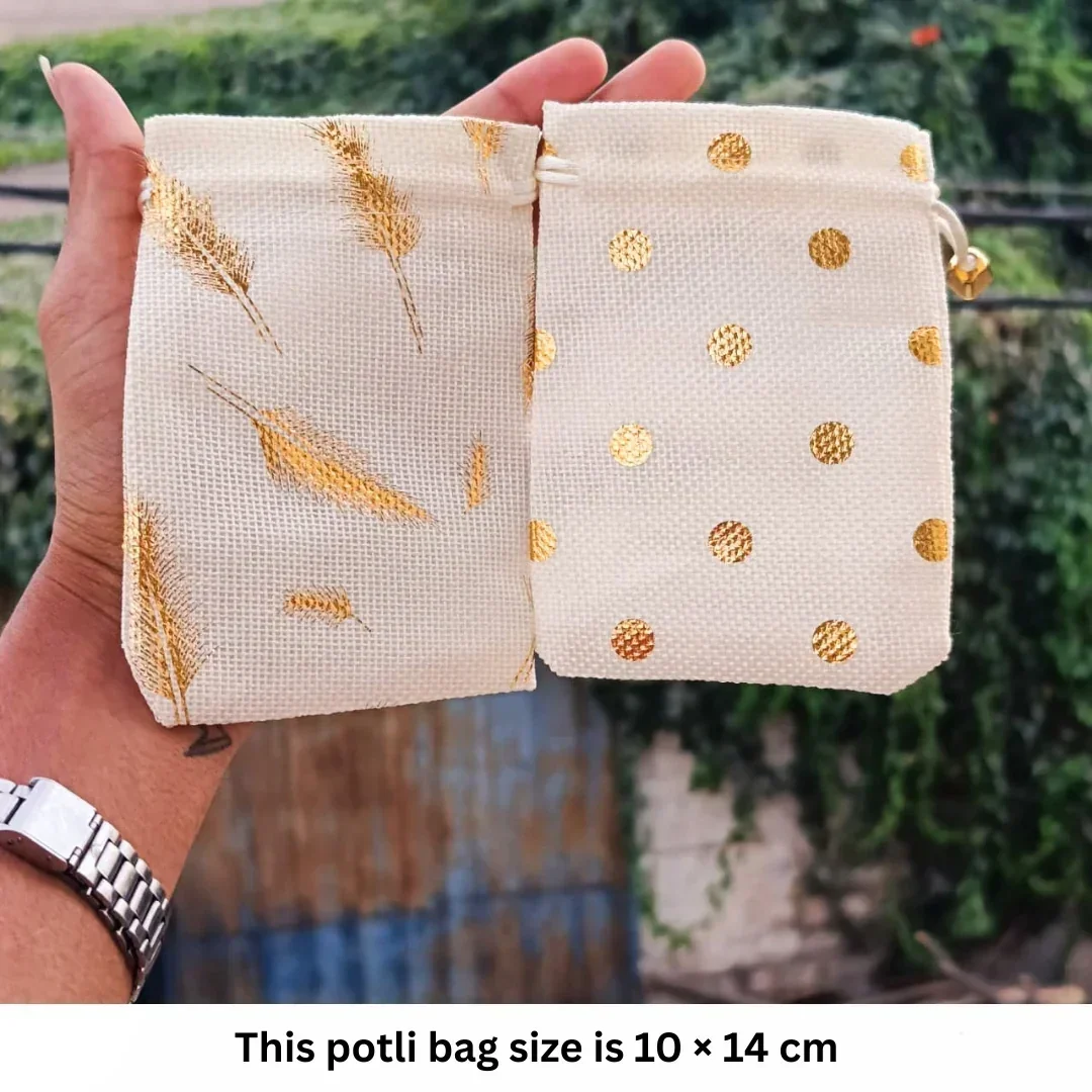 Premium Jute Potli Bags with Gold Print – Festive & Gifting Use | Eco-Friendly Gift Pouches | Pack of 10 - Image 2