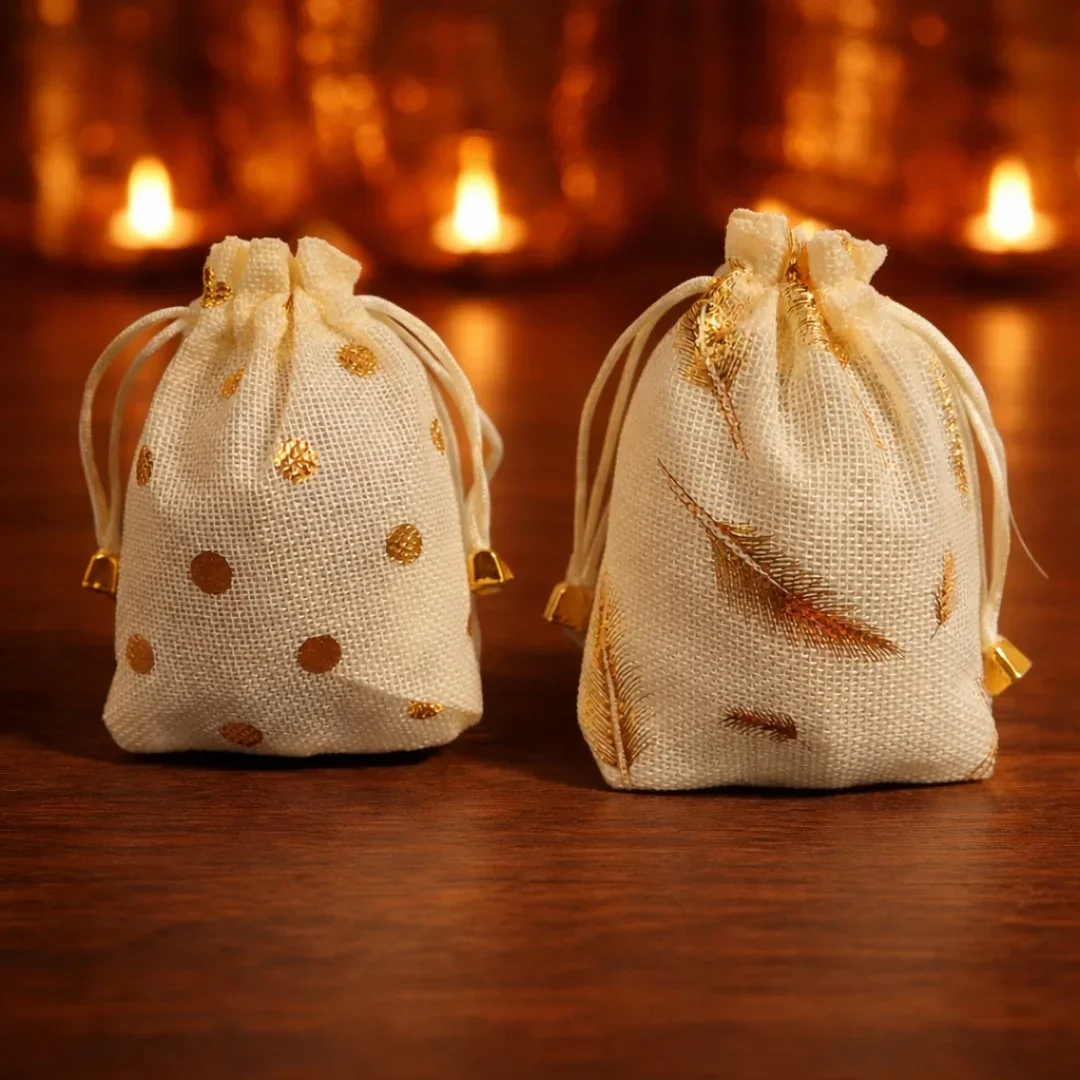 Premium Jute Potli Bags with Gold Print – Festive & Gifting Use | Eco-Friendly Gift Pouches | Pack of 10 - Image 3