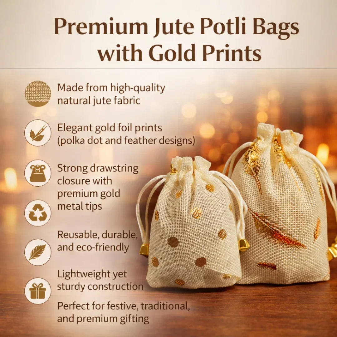 Premium Jute Potli Bags with Gold Print – Festive & Gifting Use | Eco-Friendly Gift Pouches | Pack of 10 - Image 4