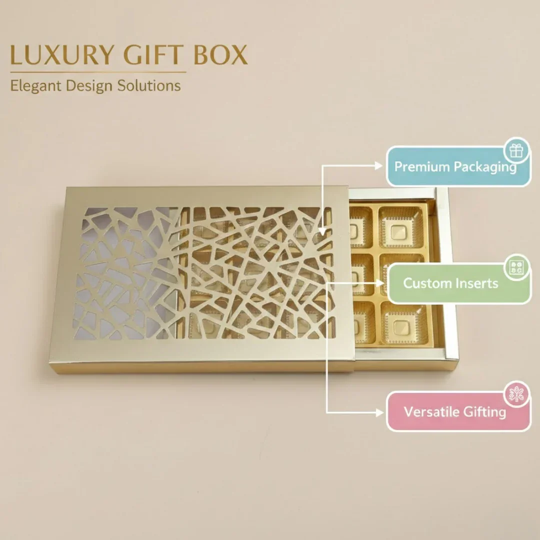 Premium Laser Cut Sliding Chocolate Gift Box with Gold Tray | 15 Cavity | Flexible Chocolate Box | Pack of 10 - Image 3