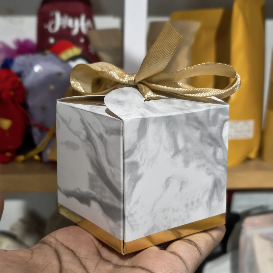 Premium Marble Print Cube Gift Box with Satin Ribbon Handle | Pack of 10 - Image 3