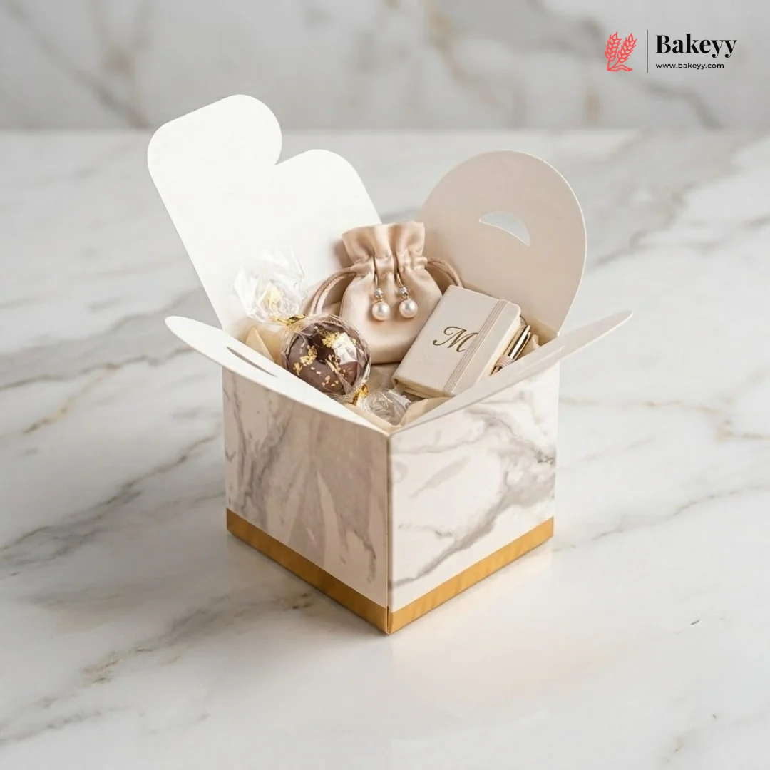 Premium Marble Print Cube Gift Box with Satin Ribbon Handle | Pack of 10 - Image 4