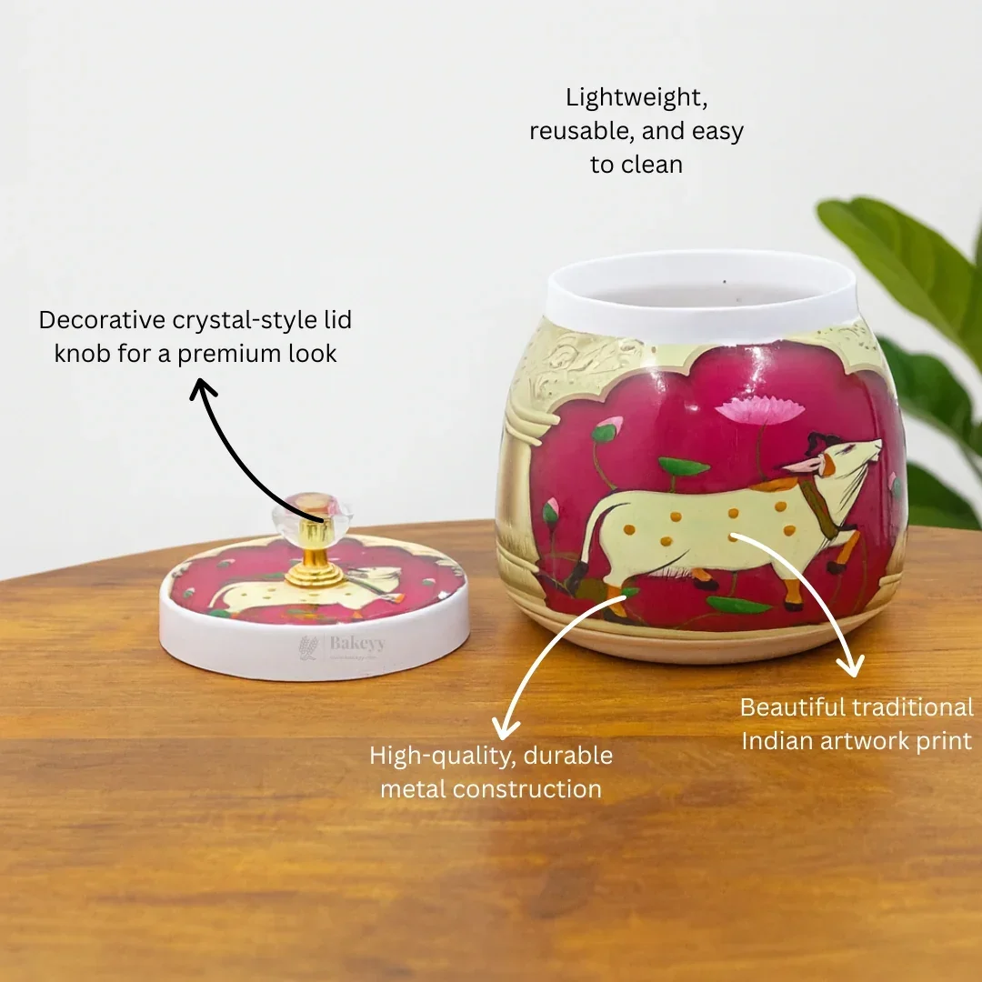 Premium Metal Storage Jar | Cow & Lotus Design | Metal Storage Jar with Decorative Knob Lid - Image 3