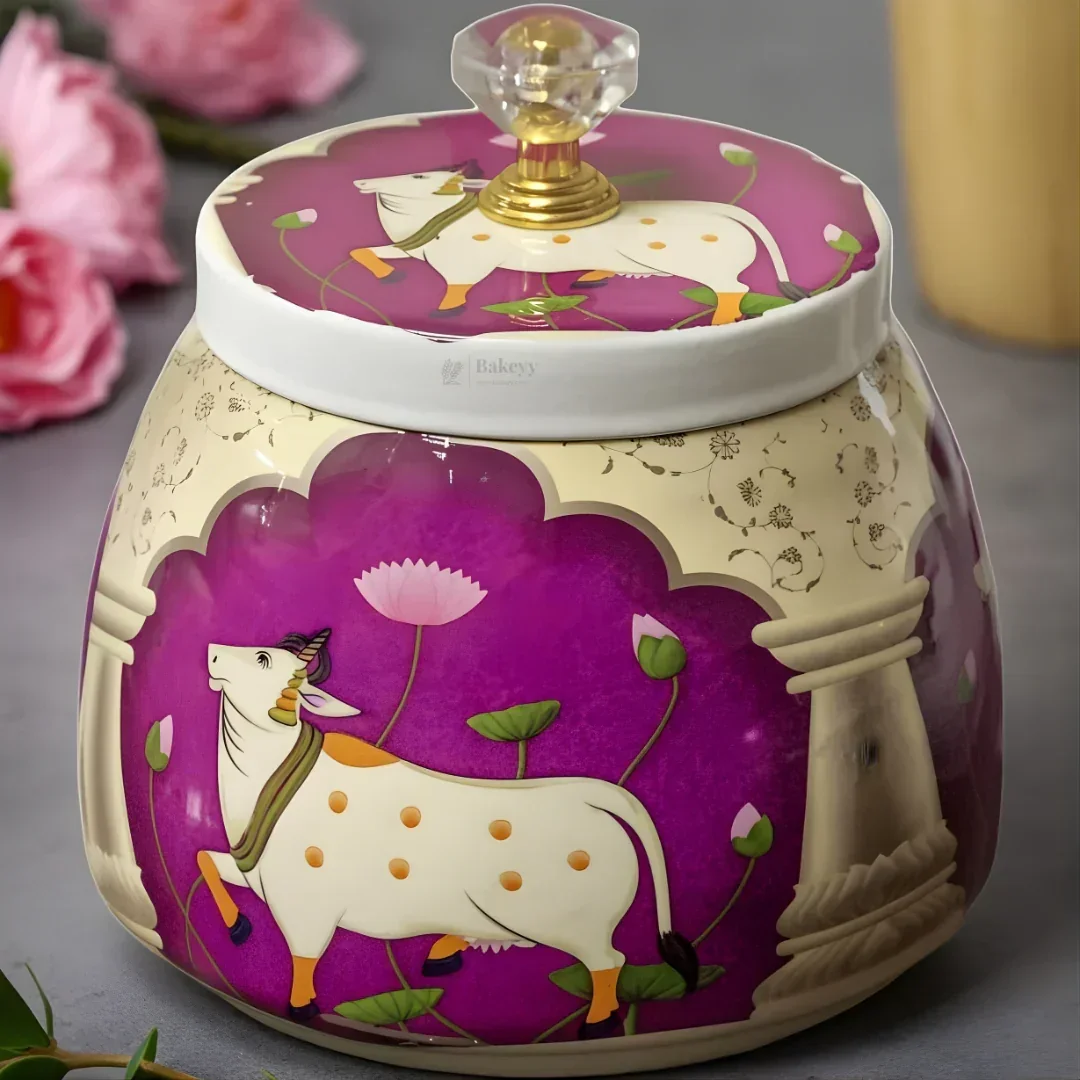 Premium Metal Storage Jar | Cow & Lotus Design | Metal Storage Jar with Decorative Knob Lid - Image 4