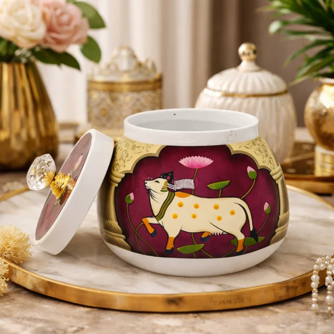 Premium Metal Storage Jar | Cow & Lotus Design | Metal Storage Jar with Decorative Knob Lid - Image 5