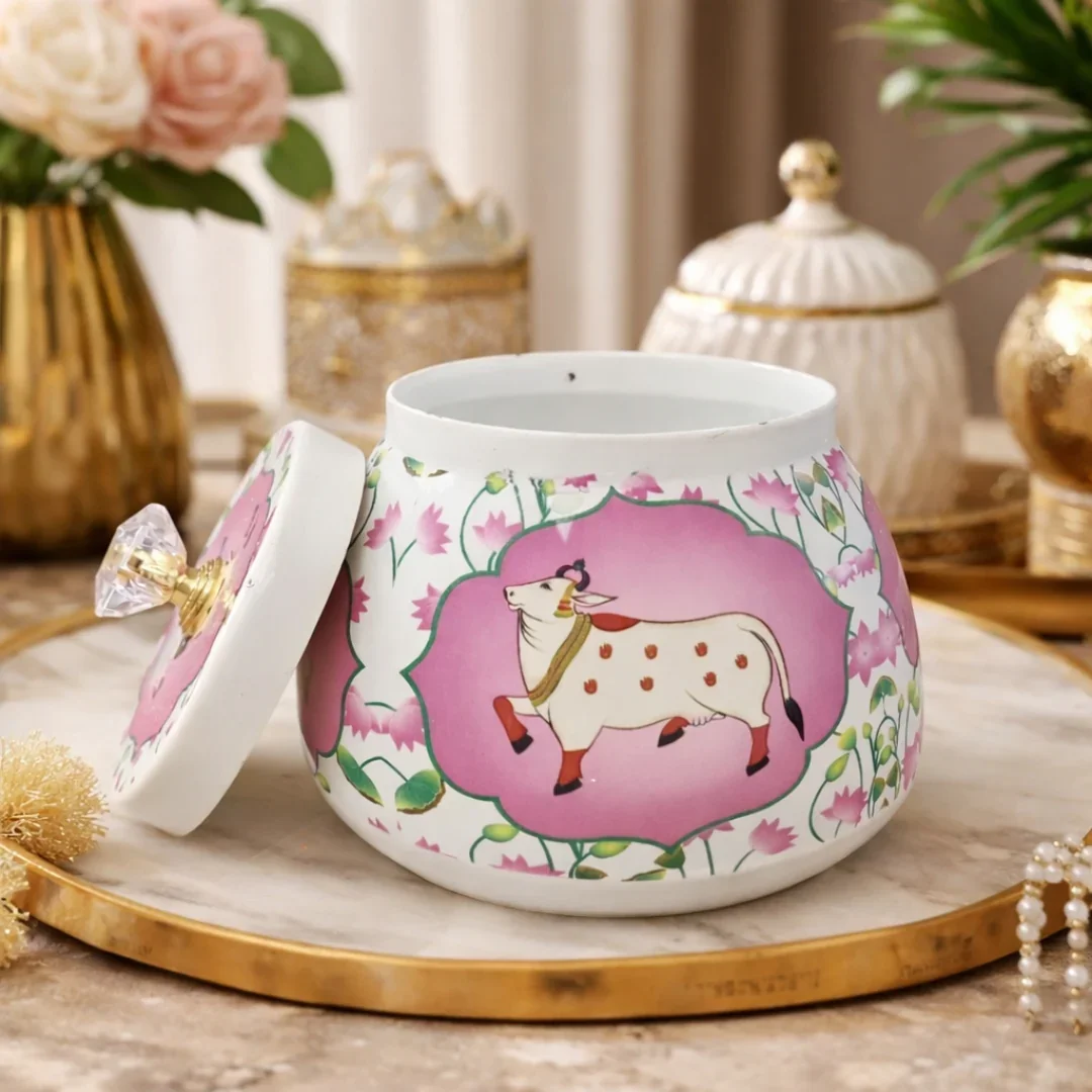 Premium Metal Storage Jar | Cow & Lotus Design | Metal Storage Jar with Decorative Knob Lid - Image 6