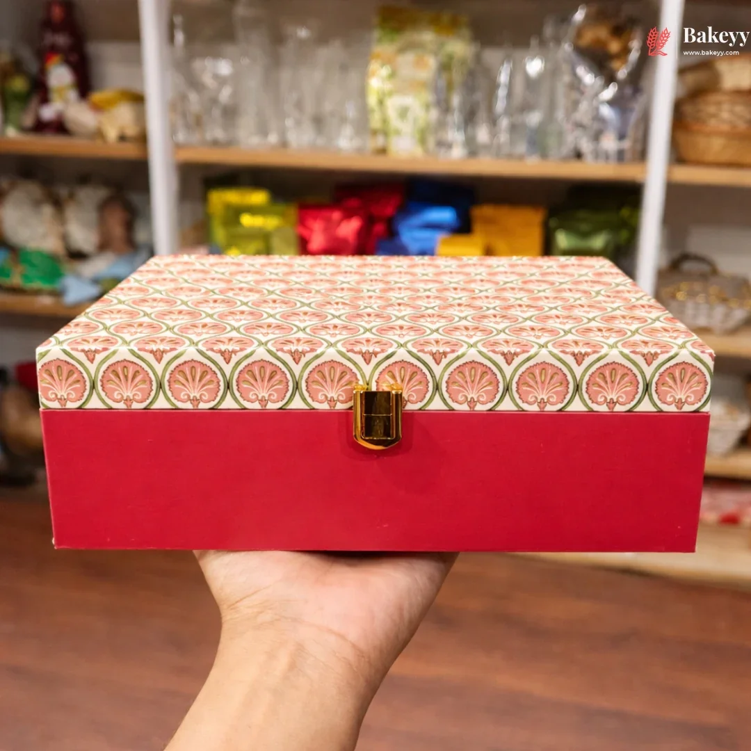 Premium Rectangle hamper Box | Red Floral Royal Finish | Gold Details | Pack of 1 - Image 3