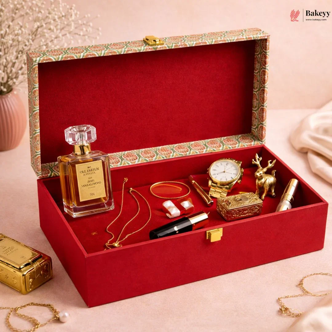 Premium Rectangle hamper Box | Red Floral Royal Finish | Gold Details | Pack of 1 - Image 4