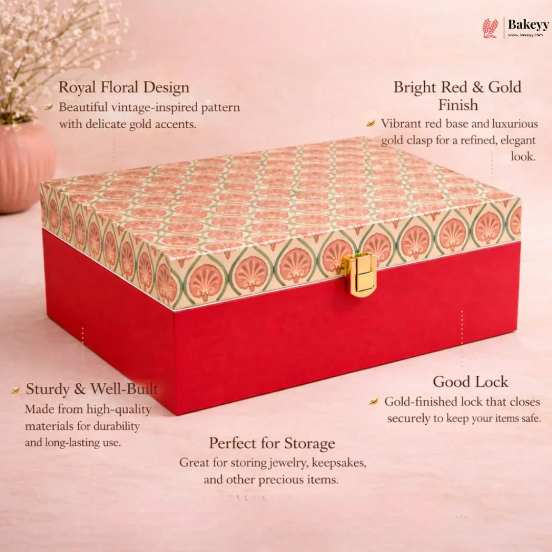 Premium Rectangle hamper Box | Red Floral Royal Finish | Gold Details | Pack of 1 - Image 5