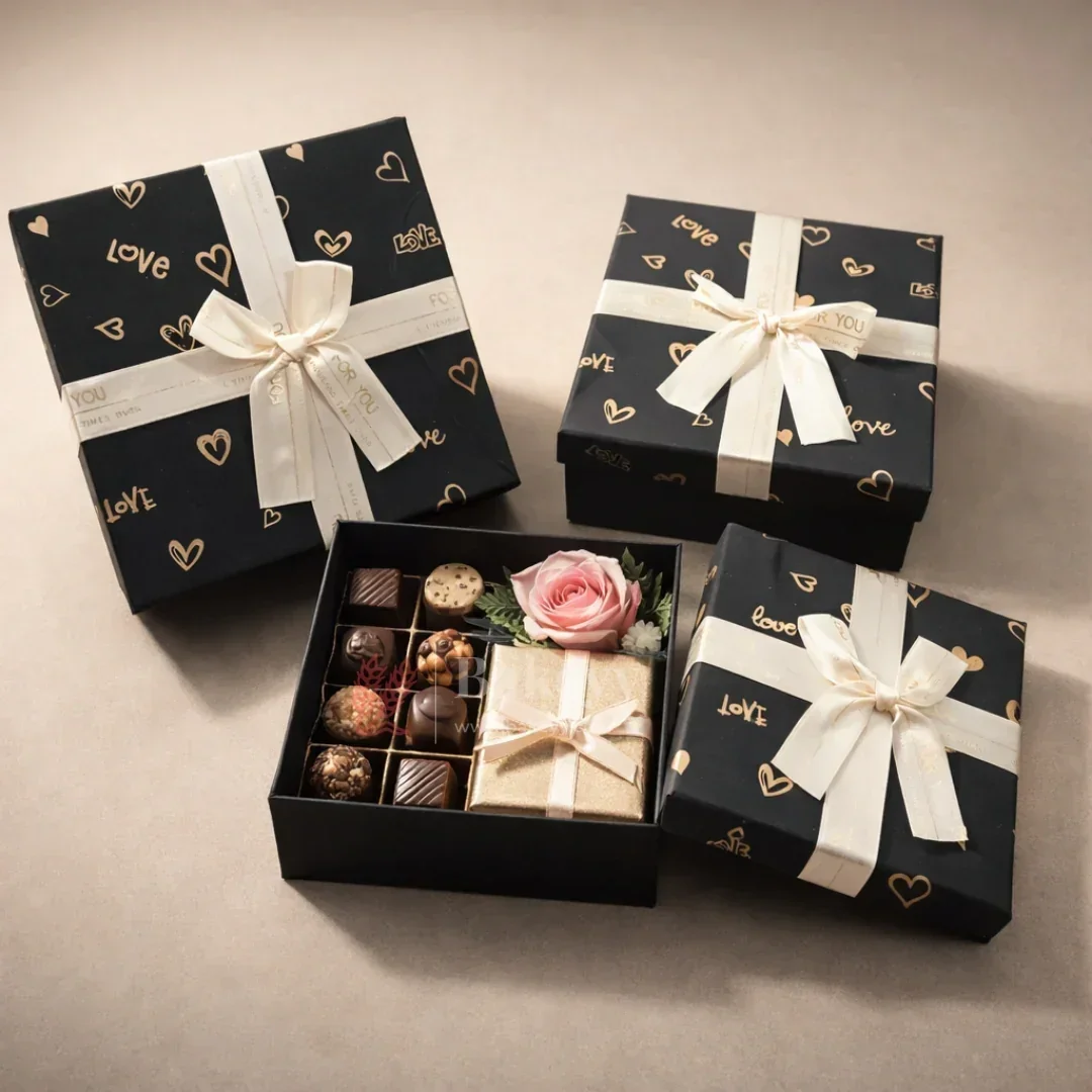 Premium Rigid Gift Box with Satin Ribbon | Black Love Print Hamper Box for Chocolates & Gifting | 3 Sizes Available | Pack of 1