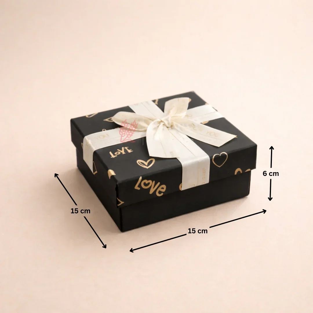 Premium Rigid Gift Box with Satin Ribbon | Black Love Print Hamper Box for Chocolates & Gifting | 3 Sizes Available | Pack of 1 - Image 3