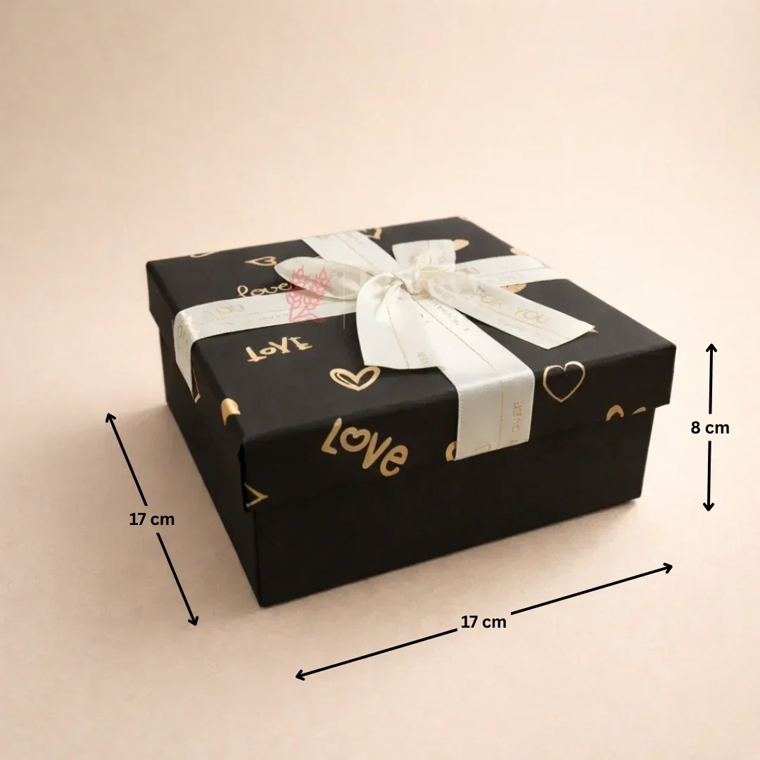 Premium Rigid Gift Box with Satin Ribbon | Black Love Print Hamper Box for Chocolates & Gifting | 3 Sizes Available | Pack of 1 - Image 4