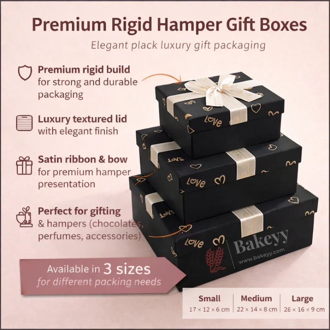 Premium Rigid Gift Box with Satin Ribbon | Black Love Print Hamper Box for Chocolates & Gifting | 3 Sizes Available | Pack of 1 - Image 6
