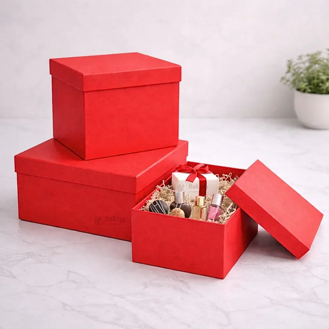 Premium Rigid Square Red Gift Box with Lid | Luxury Packaging Box for Hampers, Cakes & Gifting | Available in 3 Sizes | Pack of 1