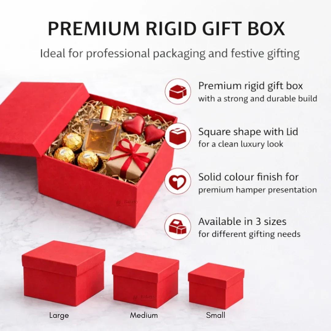 Premium Rigid Square Red Gift Box with Lid | Luxury Packaging Box for Hampers, Cakes & Gifting | Available in 3 Sizes | Pack of 1 - Image 3