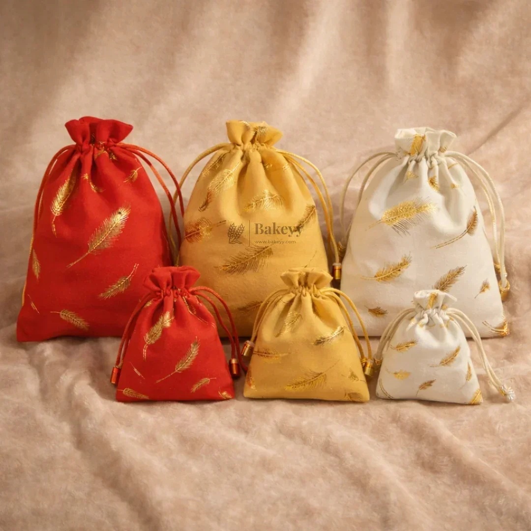 Premium Velvet Potli Bags for Gifting & Packaging l gold feather print Potil Bags l Pack of 10