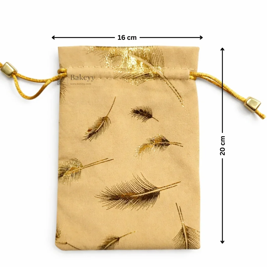 Premium Velvet Potli Bags for Gifting & Packaging l gold feather print Potil Bags l Pack of 10 - Image 10