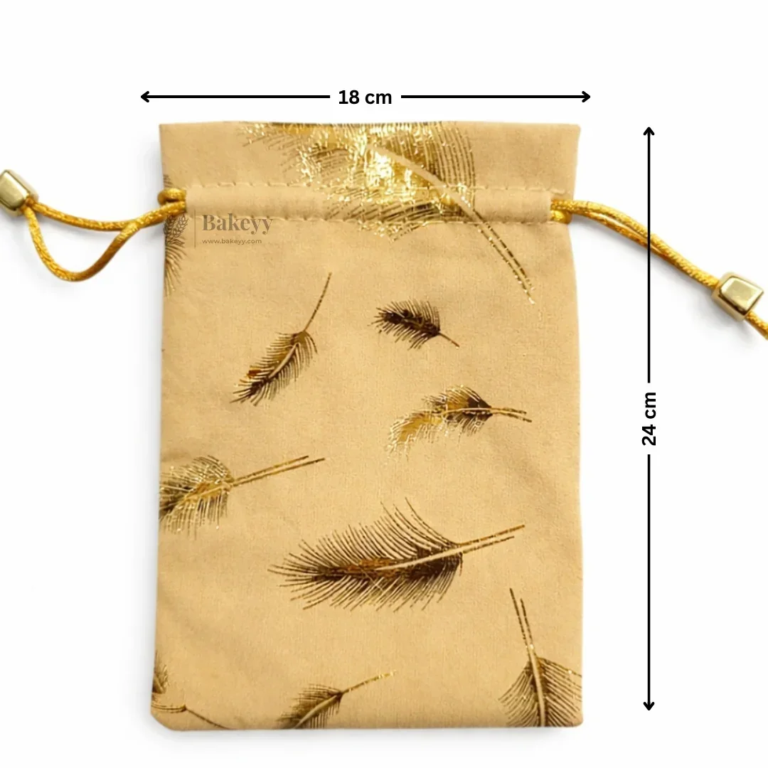 Premium Velvet Potli Bags for Gifting & Packaging l gold feather print Potil Bags l Pack of 10 - Image 11