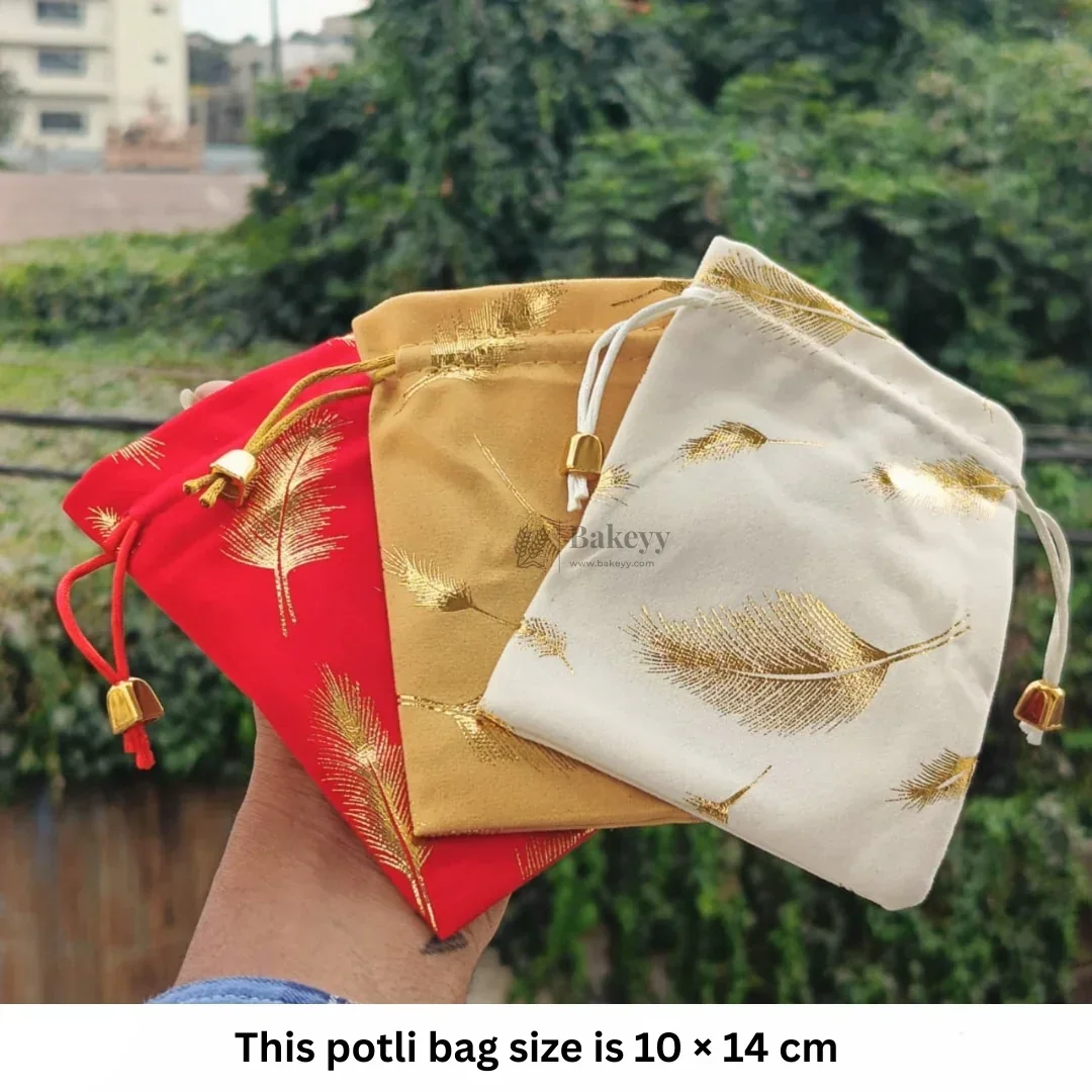 Premium Velvet Potli Bags for Gifting & Packaging l gold feather print Potil Bags l Pack of 10 - Image 2