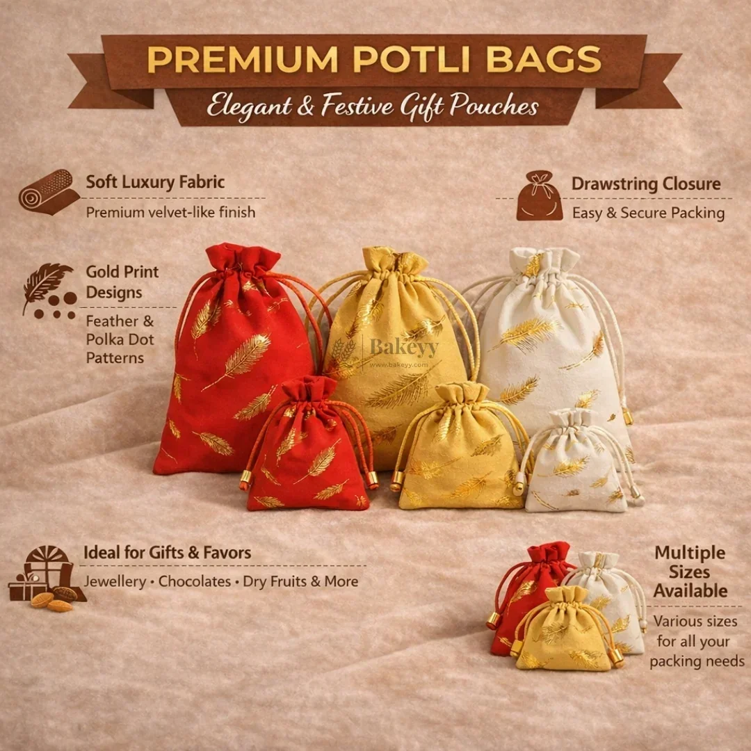 Premium Velvet Potli Bags for Gifting & Packaging l gold feather print Potil Bags l Pack of 10 - Image 3