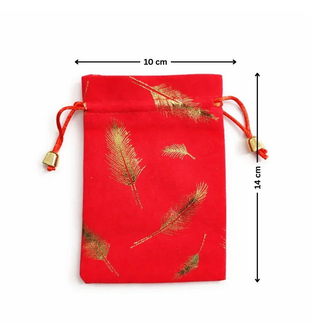Premium Velvet Potli Bags for Gifting & Packaging l gold feather print Potil Bags l Pack of 10 - Image 4