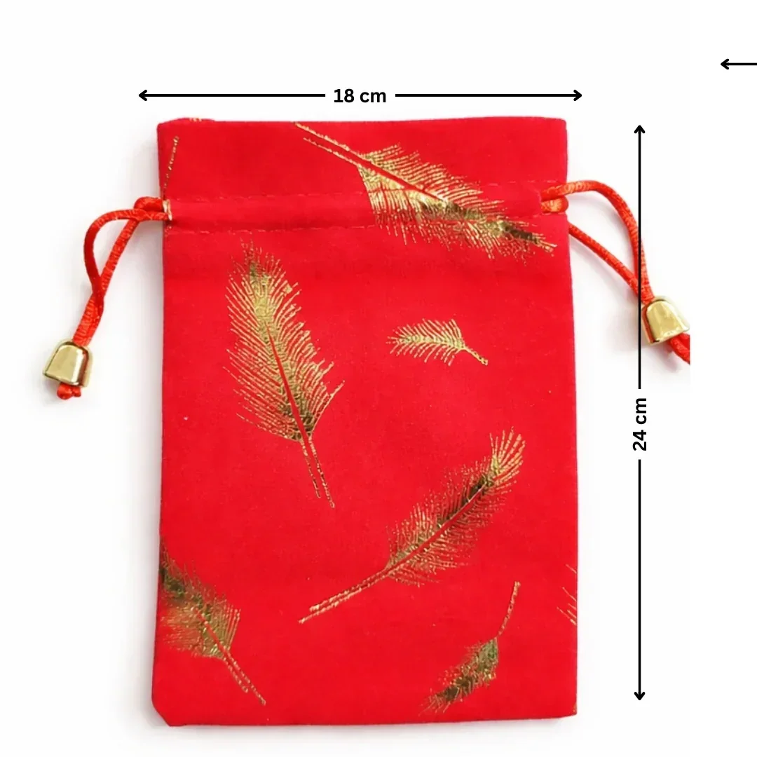 Premium Velvet Potli Bags for Gifting & Packaging l gold feather print Potil Bags l Pack of 10 - Image 7