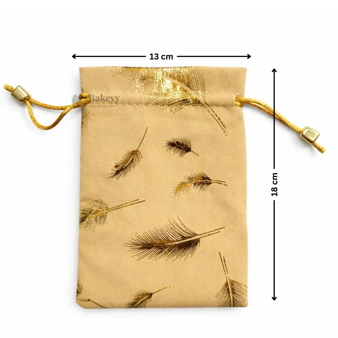 Premium Velvet Potli Bags for Gifting & Packaging l gold feather print Potil Bags l Pack of 10 - Image 9