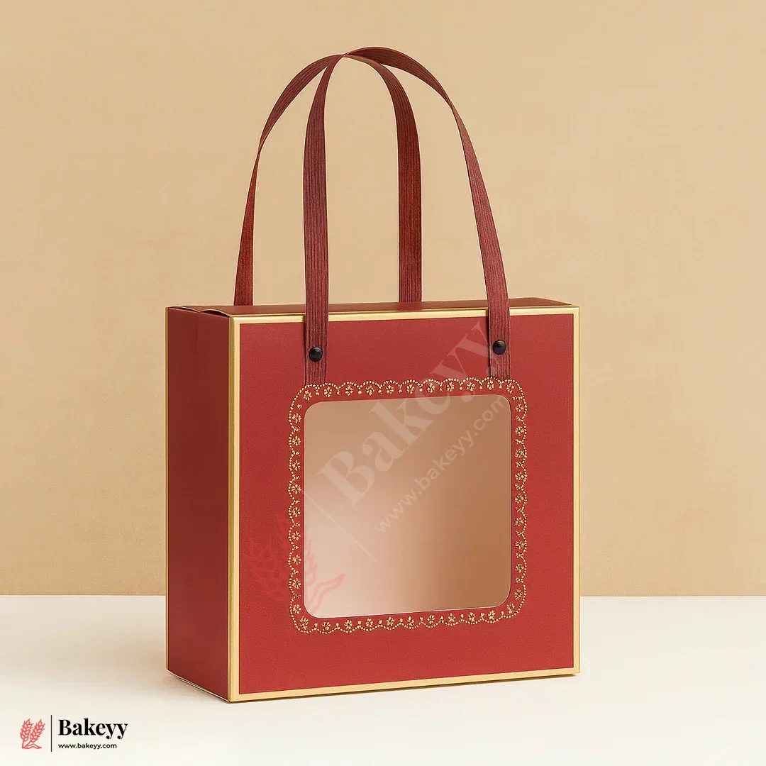 2 in 1 Premium Sparkle Red Window Gift Bags Come Box | 20x20x10cm | Pack Of 8 - Image 3