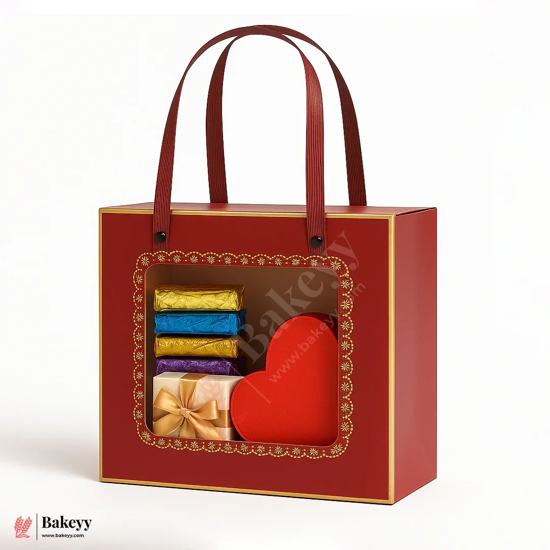 2 in 1 Premium Sparkle Red Window Gift Bags Come Box | 20x20x10cm | Pack Of 8 - Image 5