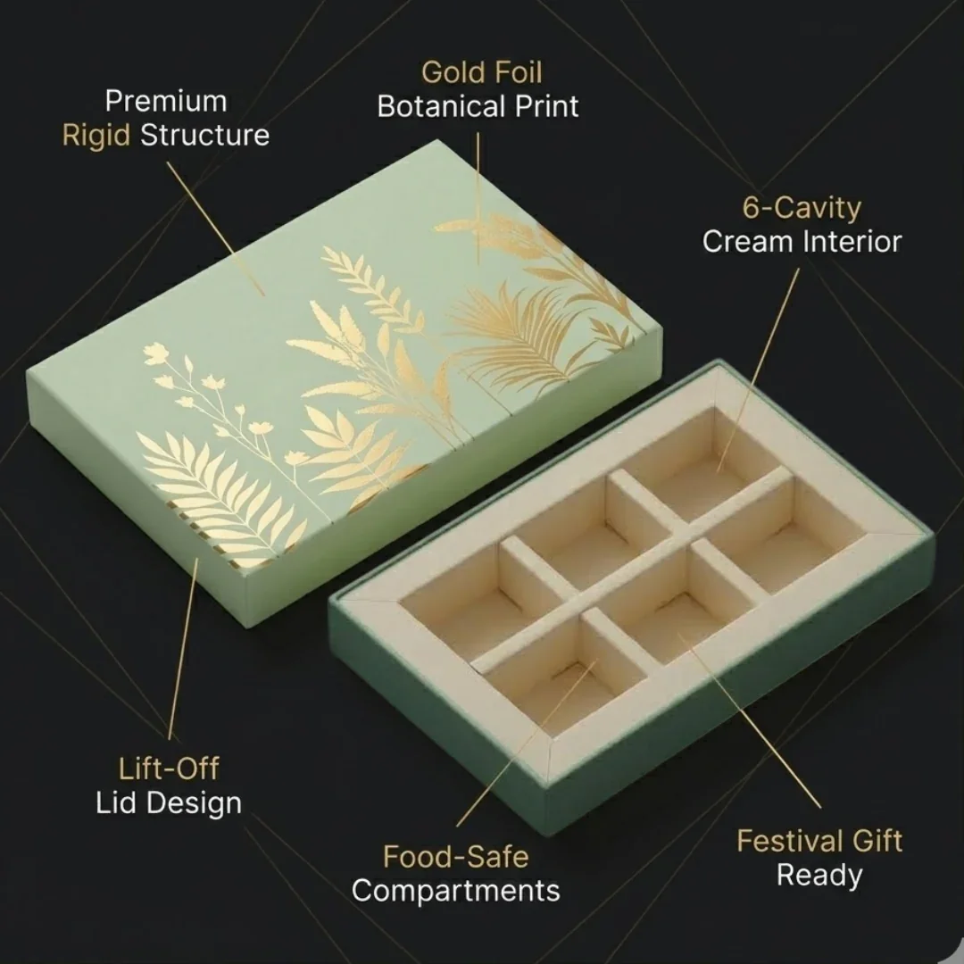 Premium Mint Green Botanical Chocolate Gift Box with 6 Cavity Insert | Pack of 1 - Image 4