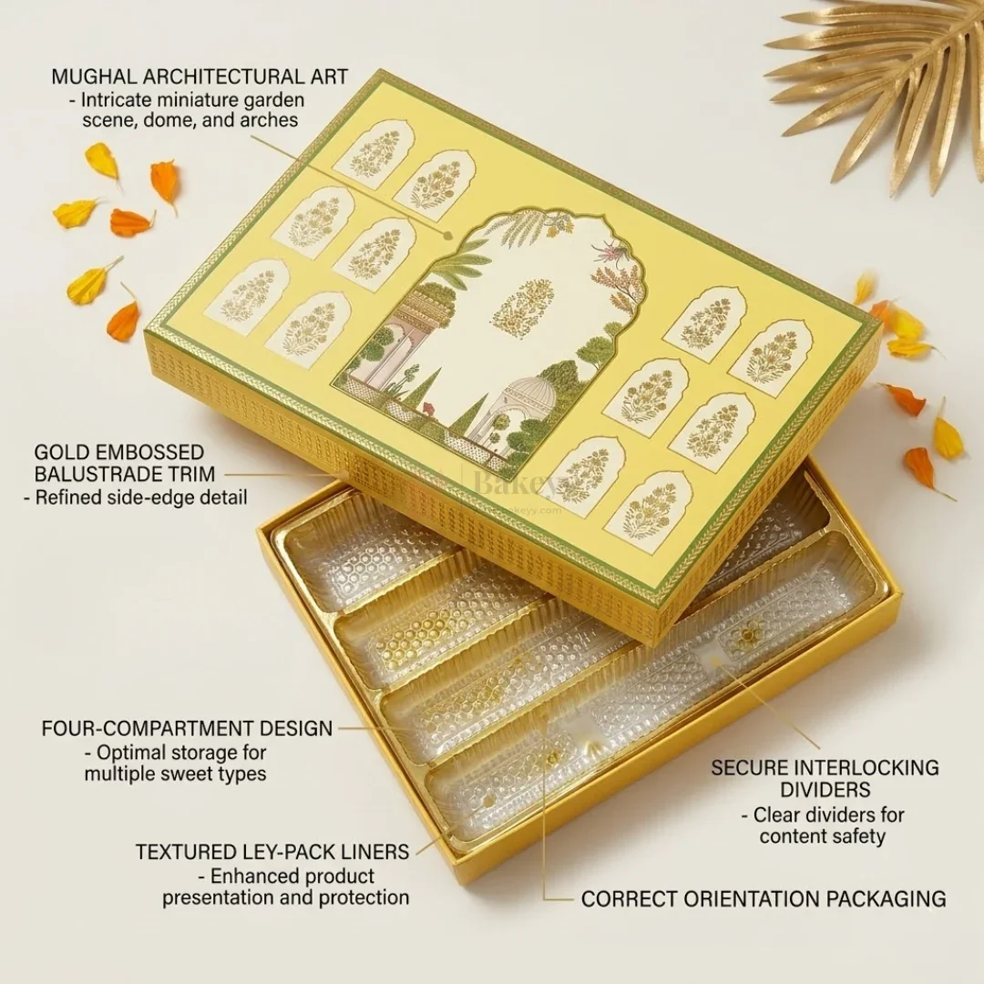 1 Kg | Yellow Mughal Print Sweet & Dry Fruit Gift Box | 4 Long Cavity Tray | Pack of 1 - Image 4