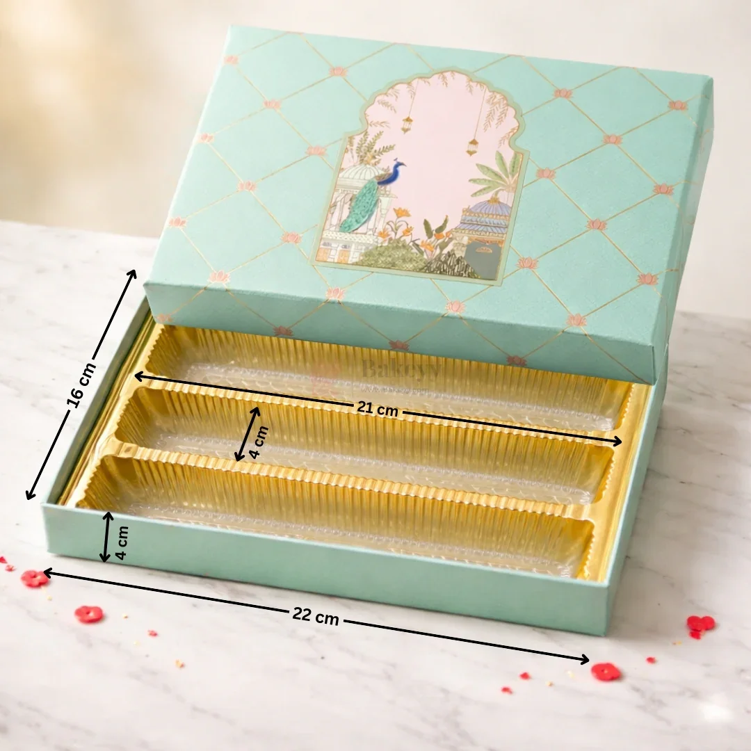 500 g | Luxury Mint Green Peacock Arch Mithai Box with Gold Foil | Lotus Pattern | 3 Cavity Long Tray | Pack of 1 - Image 2