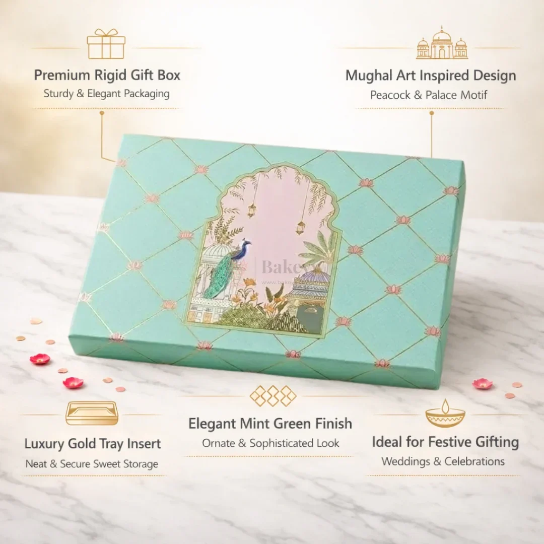 500 g | Luxury Mint Green Peacock Arch Mithai Box with Gold Foil | Lotus Pattern | 3 Cavity Long Tray | Pack of 1 - Image 4