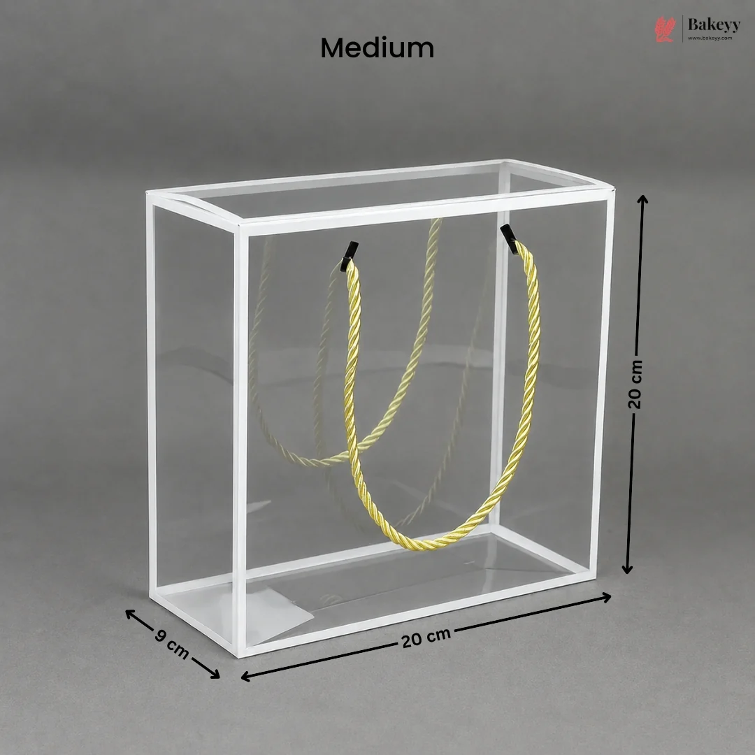 White PVC Transparent Gift Bag with Gold Rope Handle | Clear Premium Hamper Packaging Box | Pack of 10 - Image 3