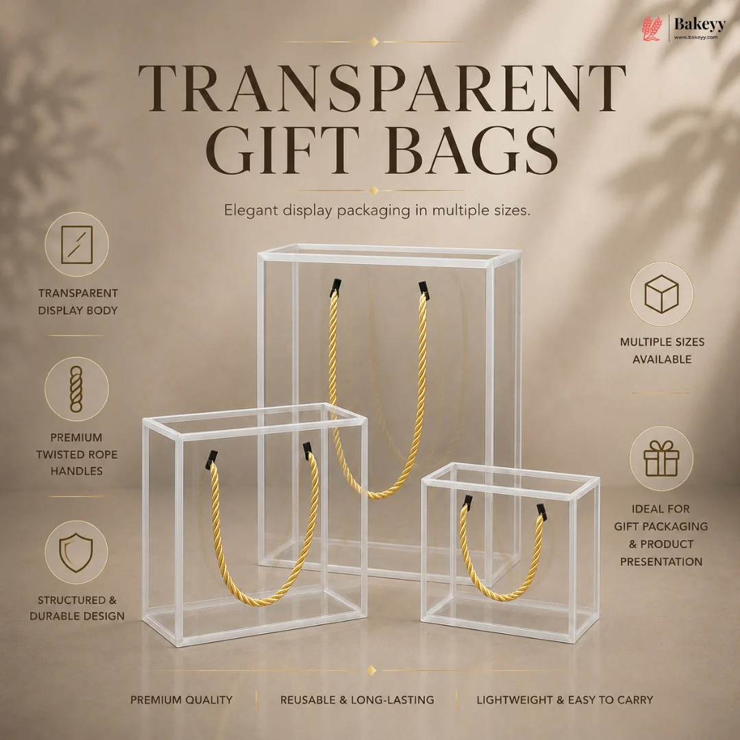 White PVC Transparent Gift Bag with Gold Rope Handle | Clear Premium Hamper Packaging Box | Pack of 10 - Image 5