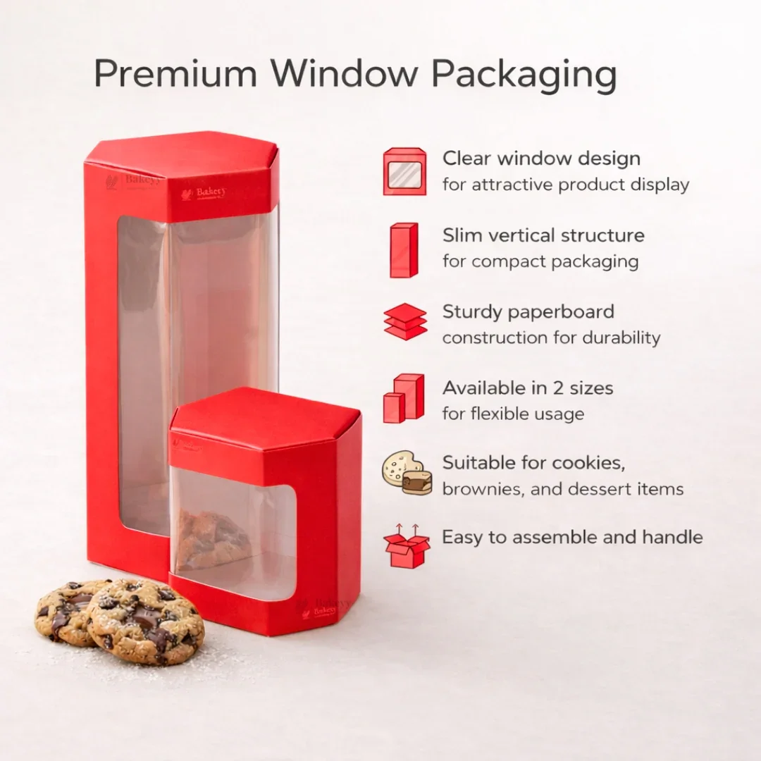 Red Color | Cookie Box with Window | Slim Paperboard Packaging Box | 2 Sizes Available | Pack of 25 - Image 2