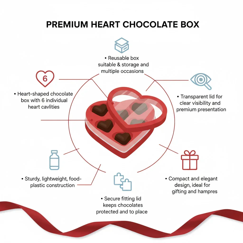Red Heart Shape Chocolate Box with Transparent Lid | 6 Cavity Chocolate Gift Box | Pack of 25 - Image 5