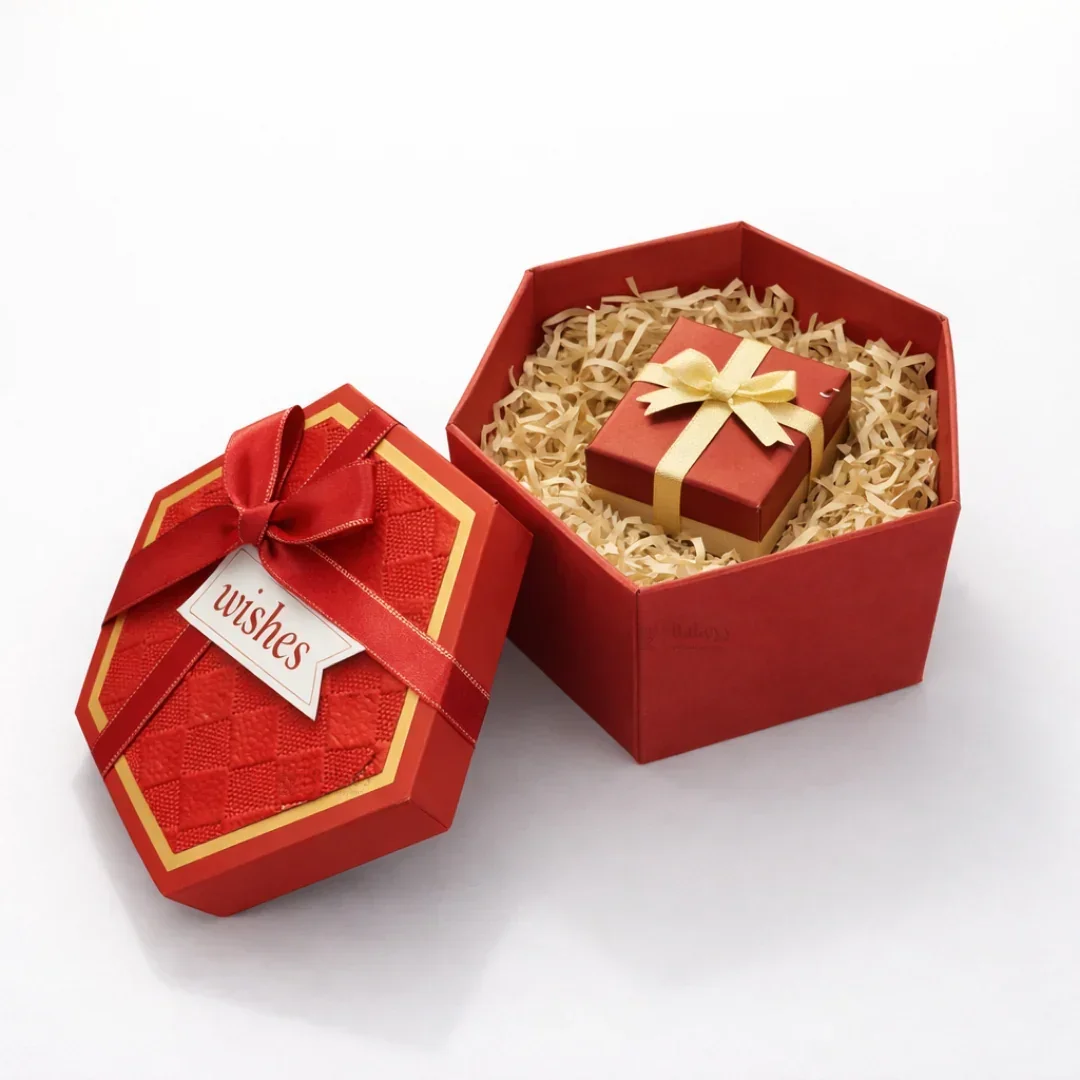 Red Hexagon Gift Box with Ribbon | Luxury Rigid Hamper & Chocolate Packaging Box | Available in 3 Sizes | Pack of 1 - Image 3