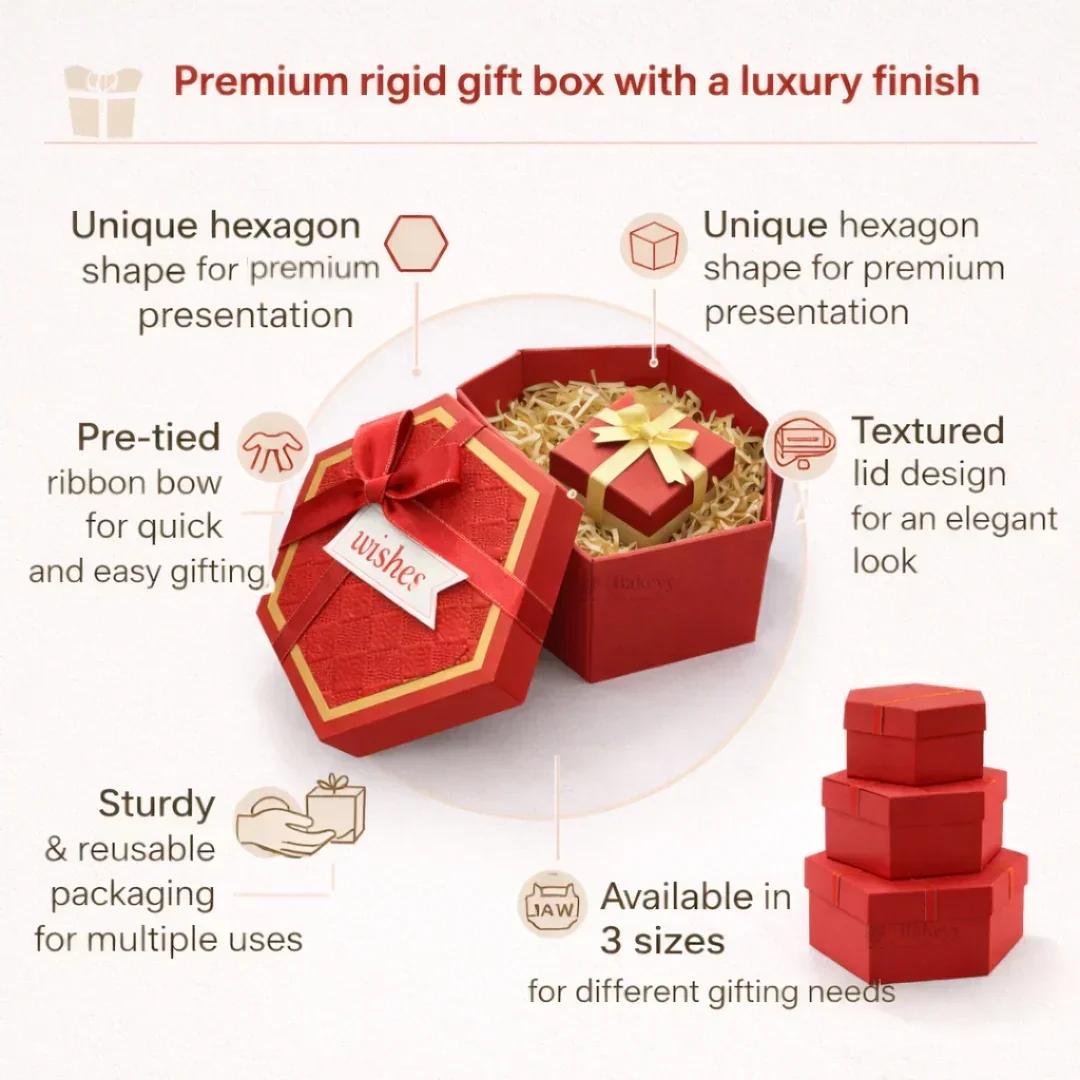 Red Hexagon Gift Box with Ribbon | Luxury Rigid Hamper & Chocolate Packaging Box | Available in 3 Sizes | Pack of 1 - Image 4